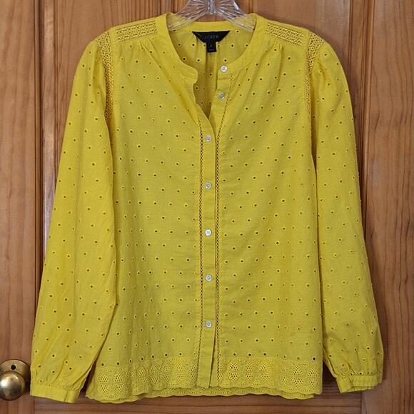 J. Crew Shirt Women's 8 Yellow 100% Cotton Mandarin Collar Eyelets Lace Trim - Picture 1 of 7